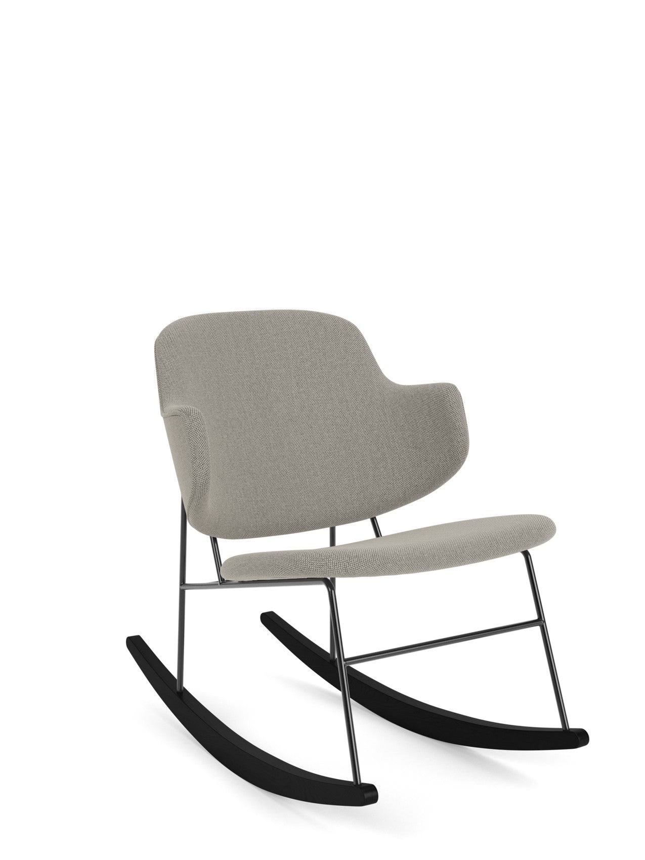 An angled view of The Penguin Rocking Chair, fully upholstered in light grey Re-wool 218 fabric with a black steel frame.