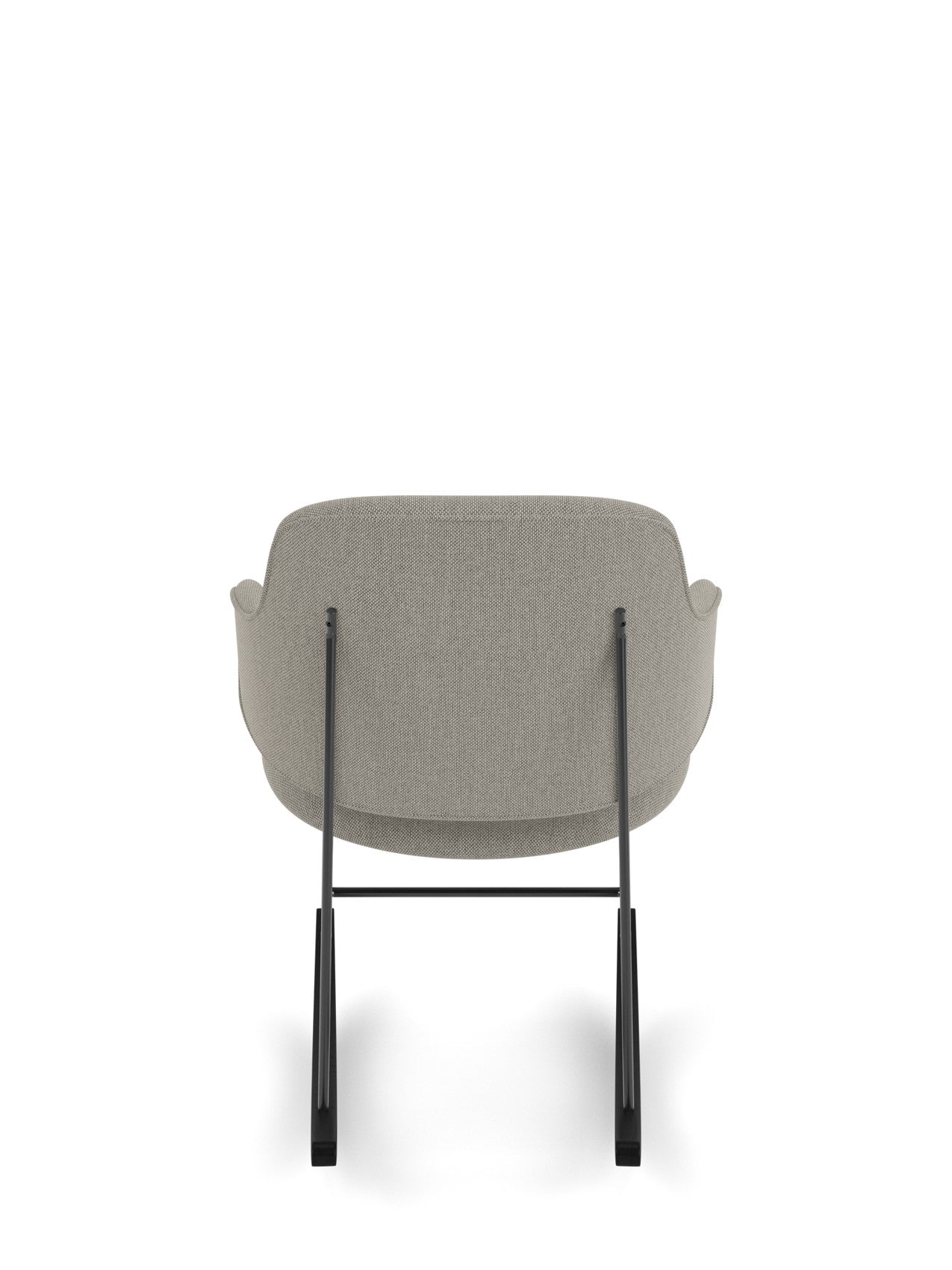 Back view of The Penguin Rocking Chair, Fully Upholstered in grey Re-wool 218 fabric with a black powder-coated steel frame.
