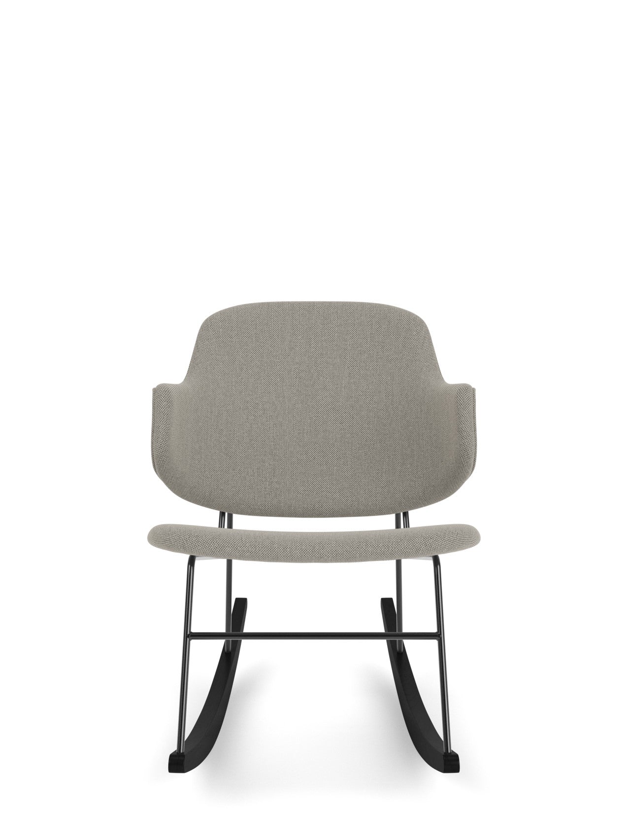 Front view of The Penguin Rocking Chair, fully upholstered in light grey Re-wool fabric, with a black steel frame & rockers.