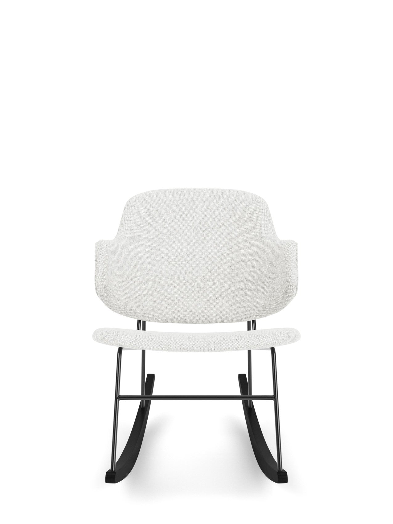 The Penguin Rocking Chair, fully upholstered in a light grey Hallingdal fabric with a black metal frame and rockers.