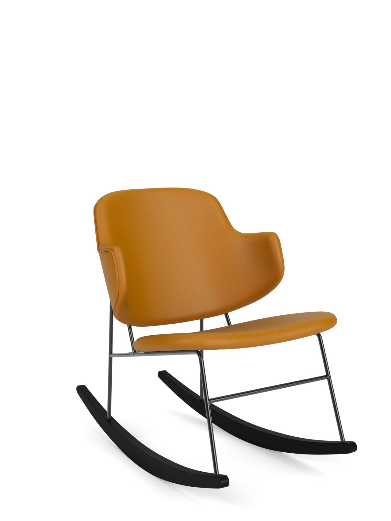 The Penguin Rocking Chair, fully upholstered in mustard-yellow leather, shown at an angle on a black steel frame and rockers.