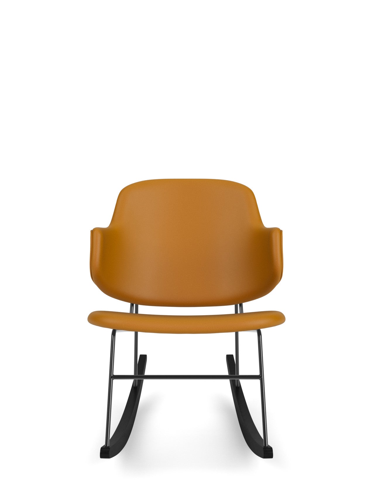 The Penguin Rocking Chair, fully upholstered in tan leather, shown from the front, with a black steel frame and rockers.