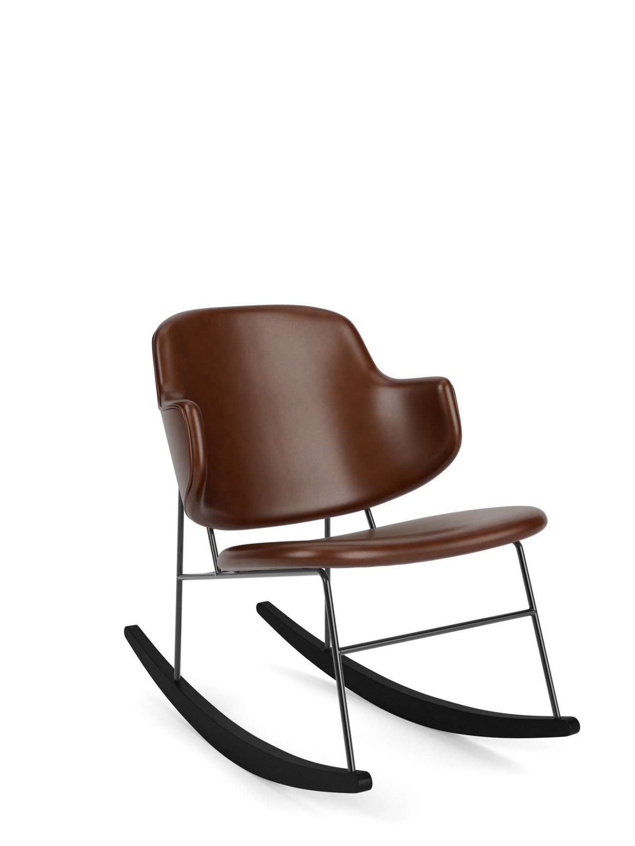 Angled view of The Penguin Rocking Chair, fully upholstered in brown leather, with a black steel frame and black rockers.