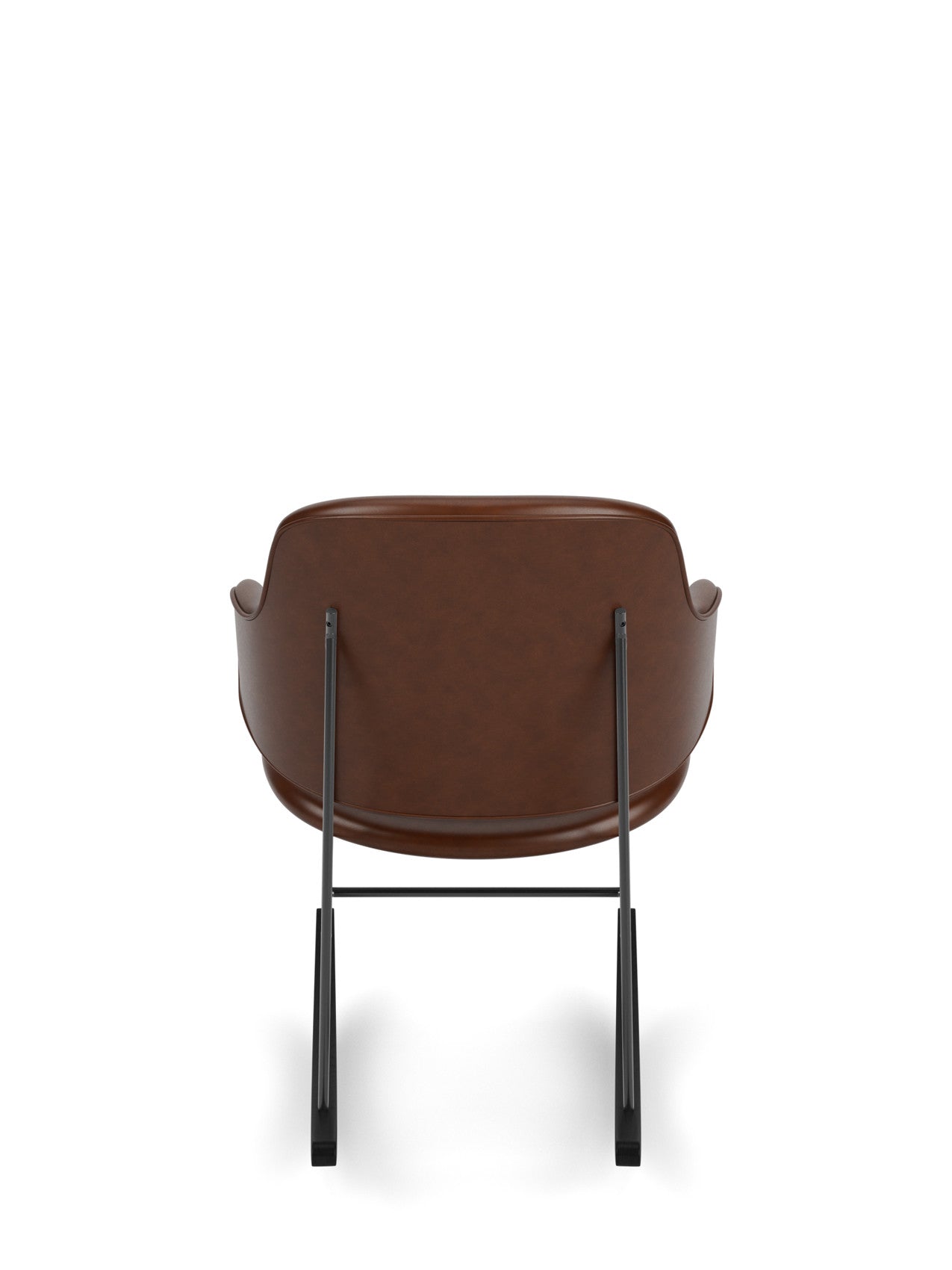 Back view of The Penguin Rocking Chair, fully upholstered in brown Dakar leather with a black powder-coated steel frame.