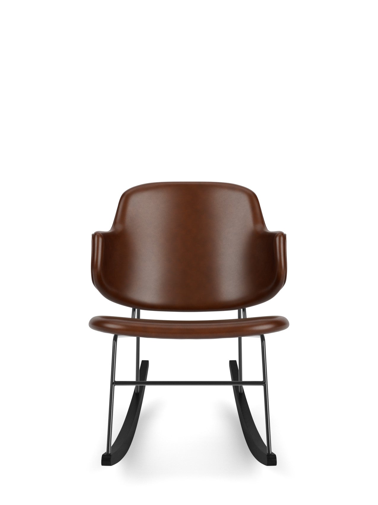 Front view of The Penguin Rocking Chair, fully upholstered in brown Dakar leather with a black steel frame and black rockers.