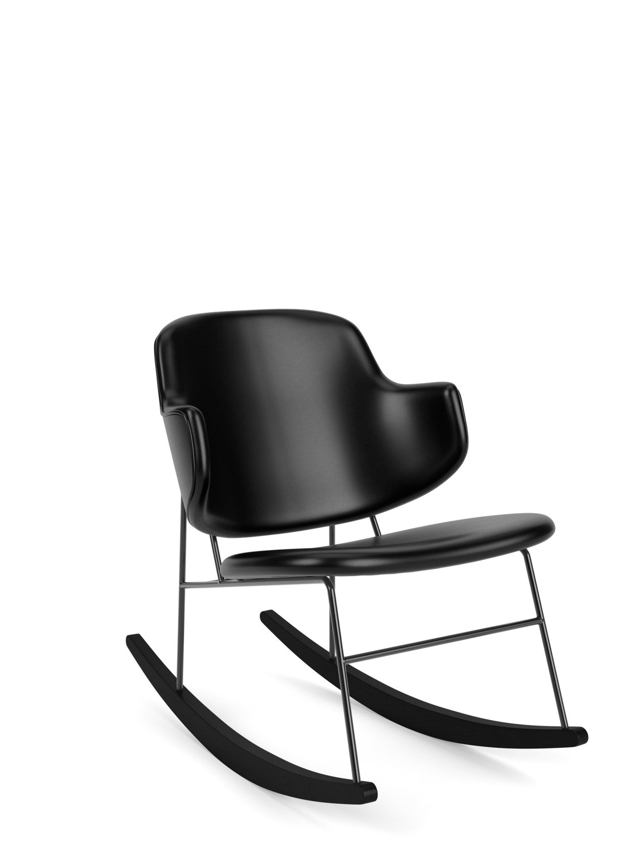 The Penguin Rocking Chair, fully upholstered in black leather, with a slim black steel frame and matching wooden rockers.