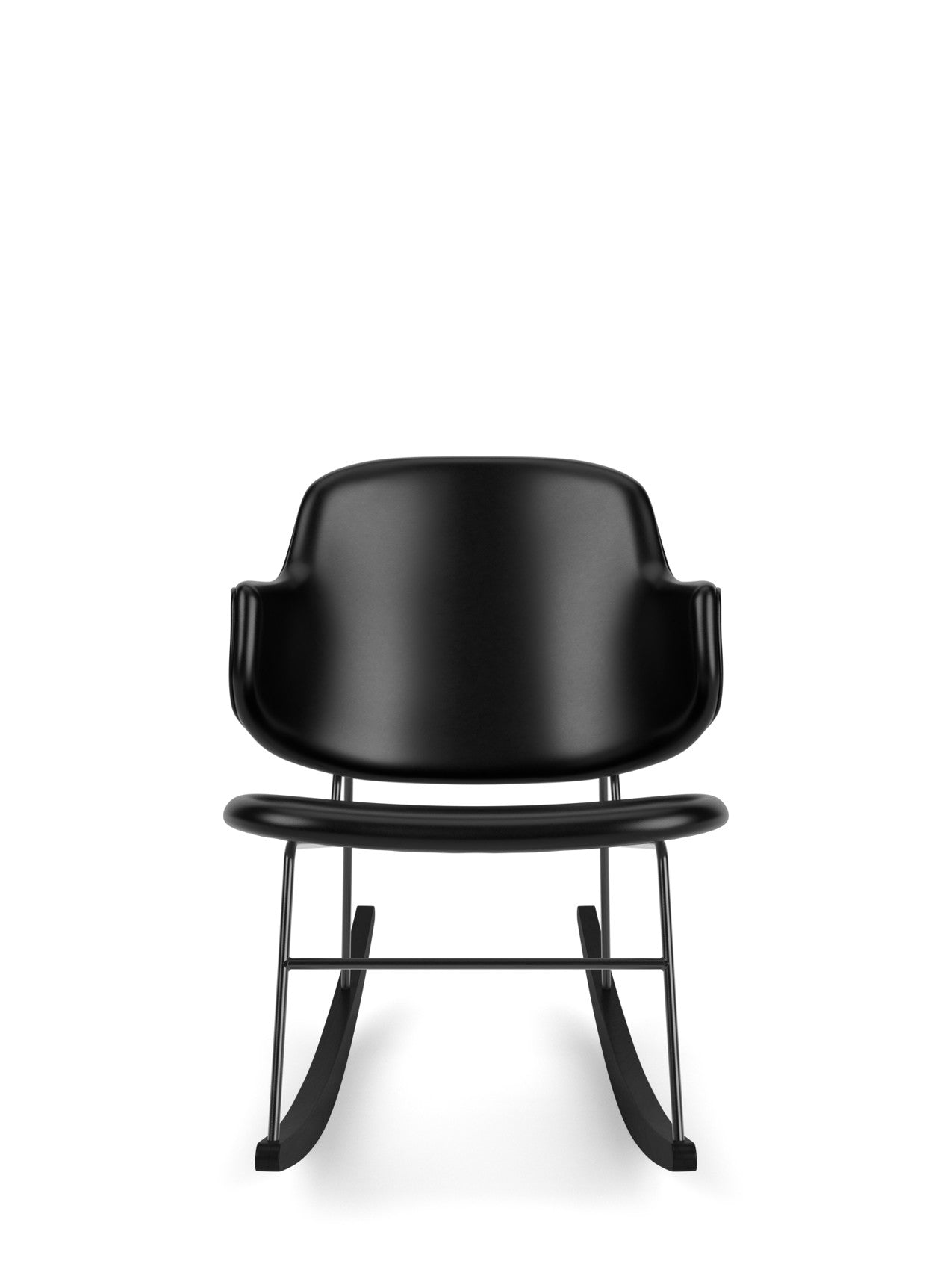 Front view of The Penguin Rocking Chair, Fully Upholstered in black leather, with a slim black metal frame and rockers.
