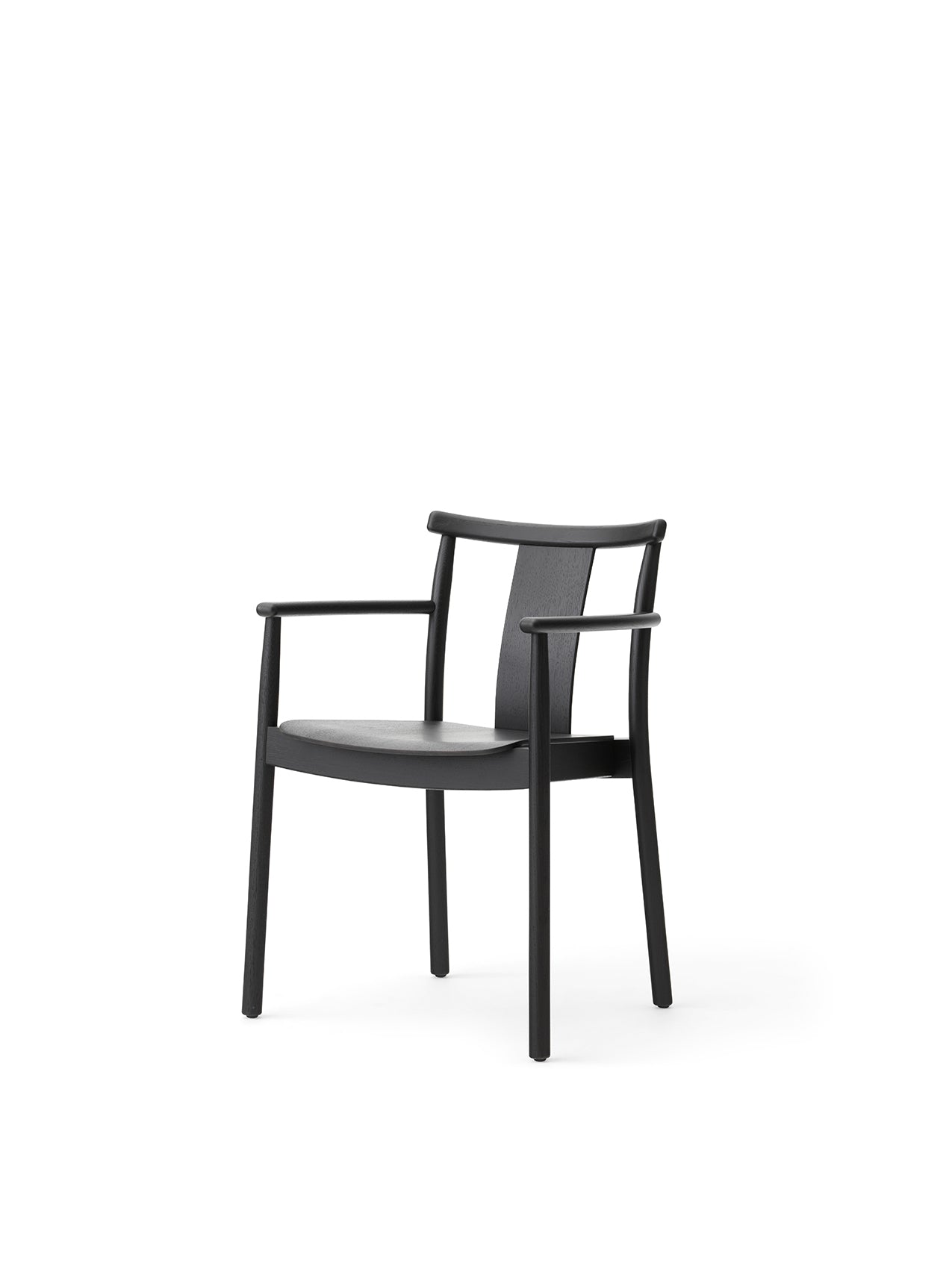 Angled view of the Merkur Dining Chair with Armrests in black stained oak, shown in a studio setting with a white background.