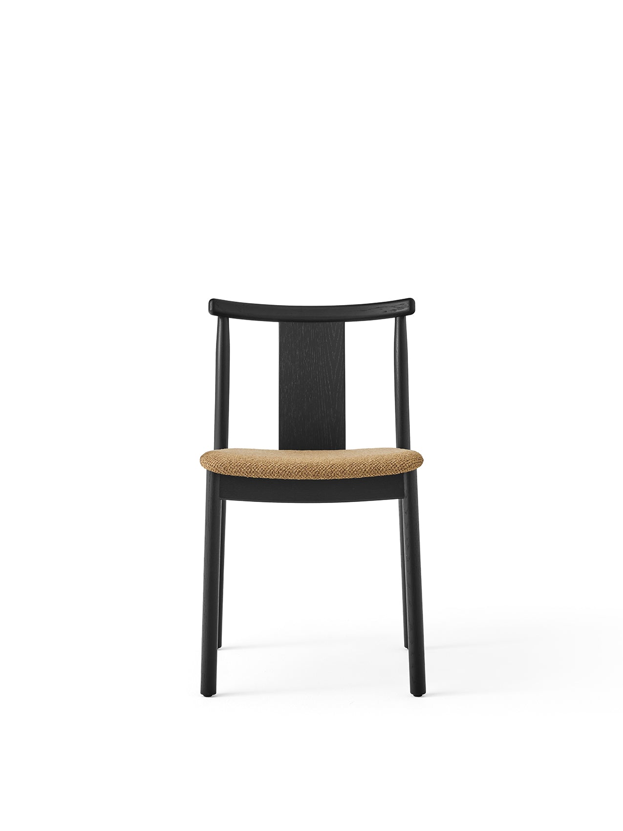 Front view of the Merkur Dining Chair in black oak. The seat is upholstered in a textured golden-brown bouclé fabric.