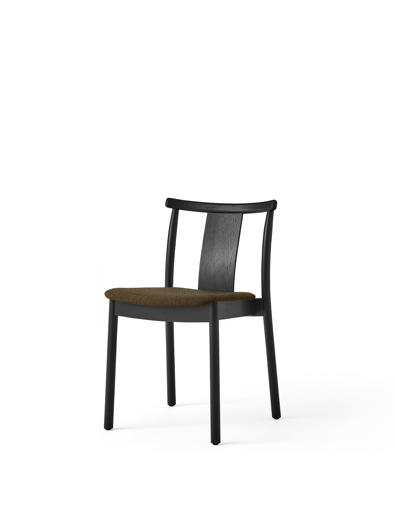 Angled view of the Merkur Dining Chair with a black oak frame and a dark green, textured upholstered seat.