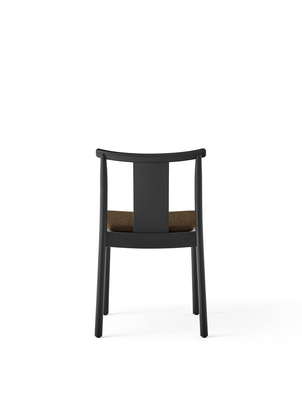 Rear view of the Merkur Dining Chair in black oak with a textured, brownish-gold upholstered seat against a white background.