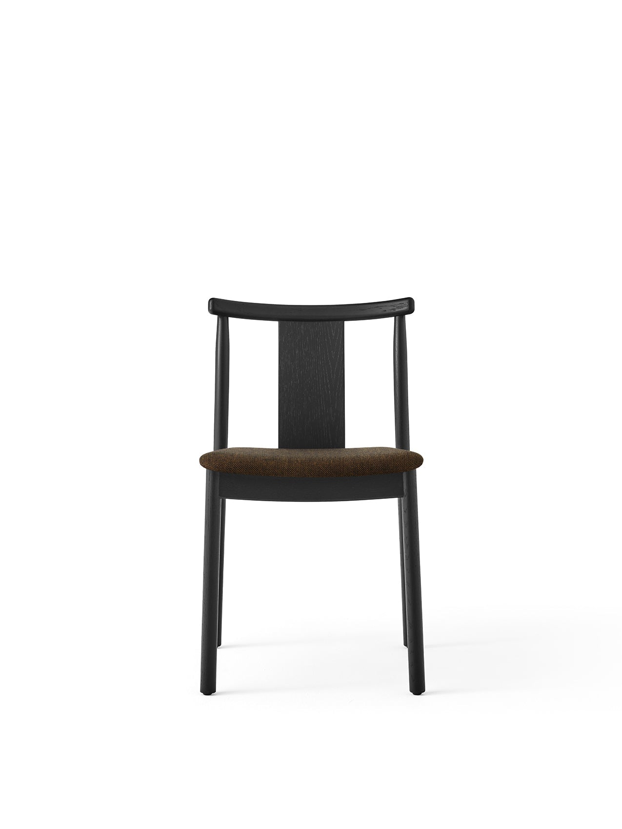 Front view of the Merkur Dining Chair, featuring a black oak frame with a curved backrest and a dark brown upholstered seat.
