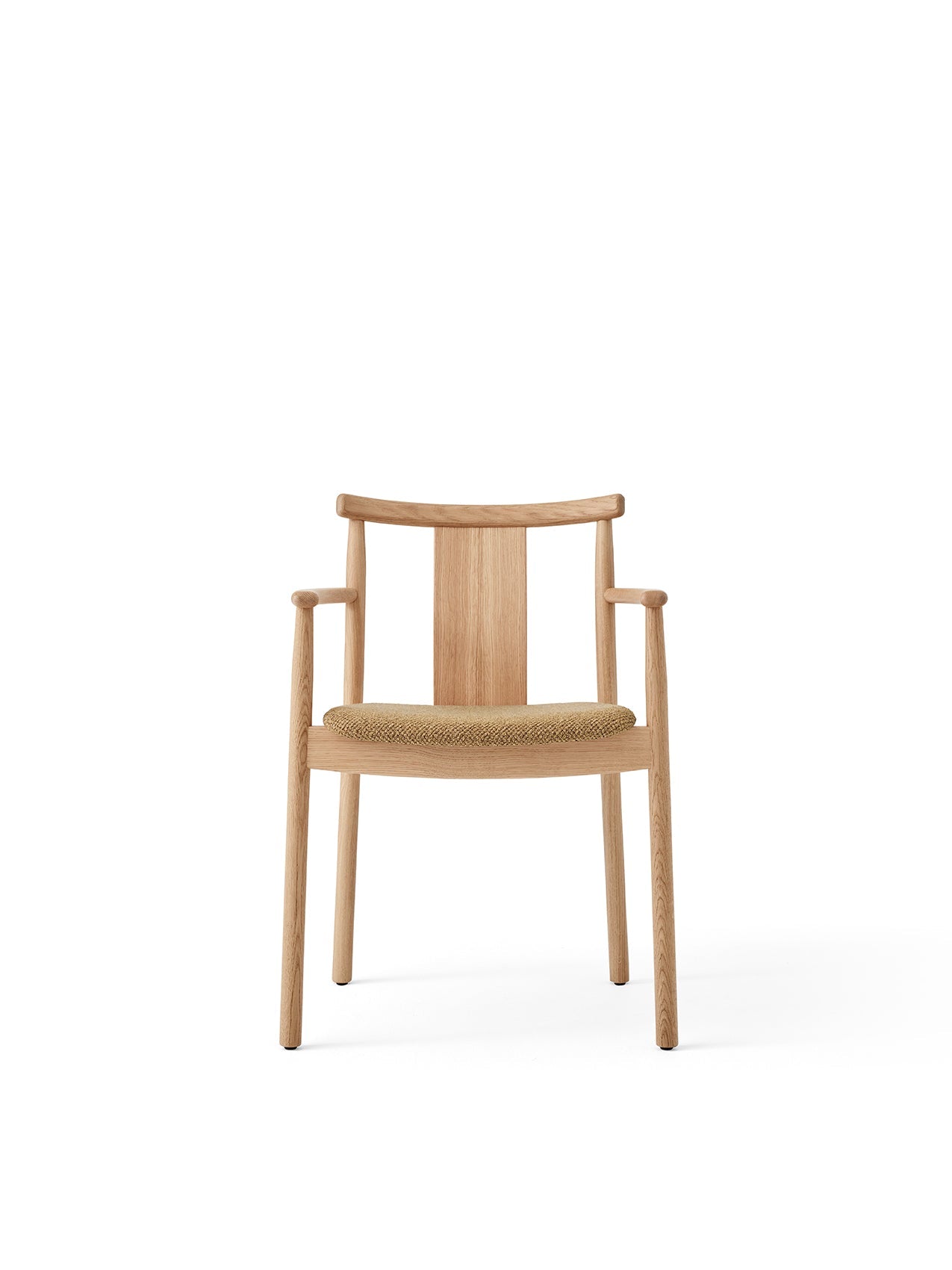 Front view of the Merkur Dining Chair w/Armrests. The chair has a natural oak frame and a seat upholstered in beige Bouclé.