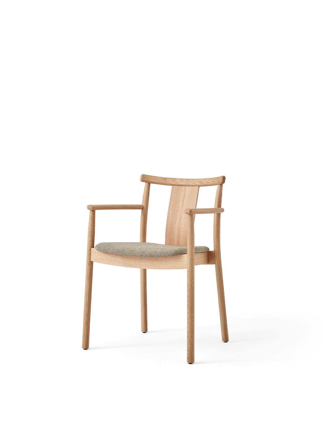 Merkur Dining Chair w/Armrests in natural oak and a light green upholstered seat, angled on a white background.