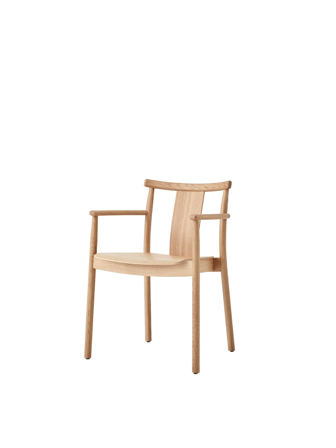 The Merkur Dining Chair with Armrests in natural oak, shown from a three-quarter angle on a white background.