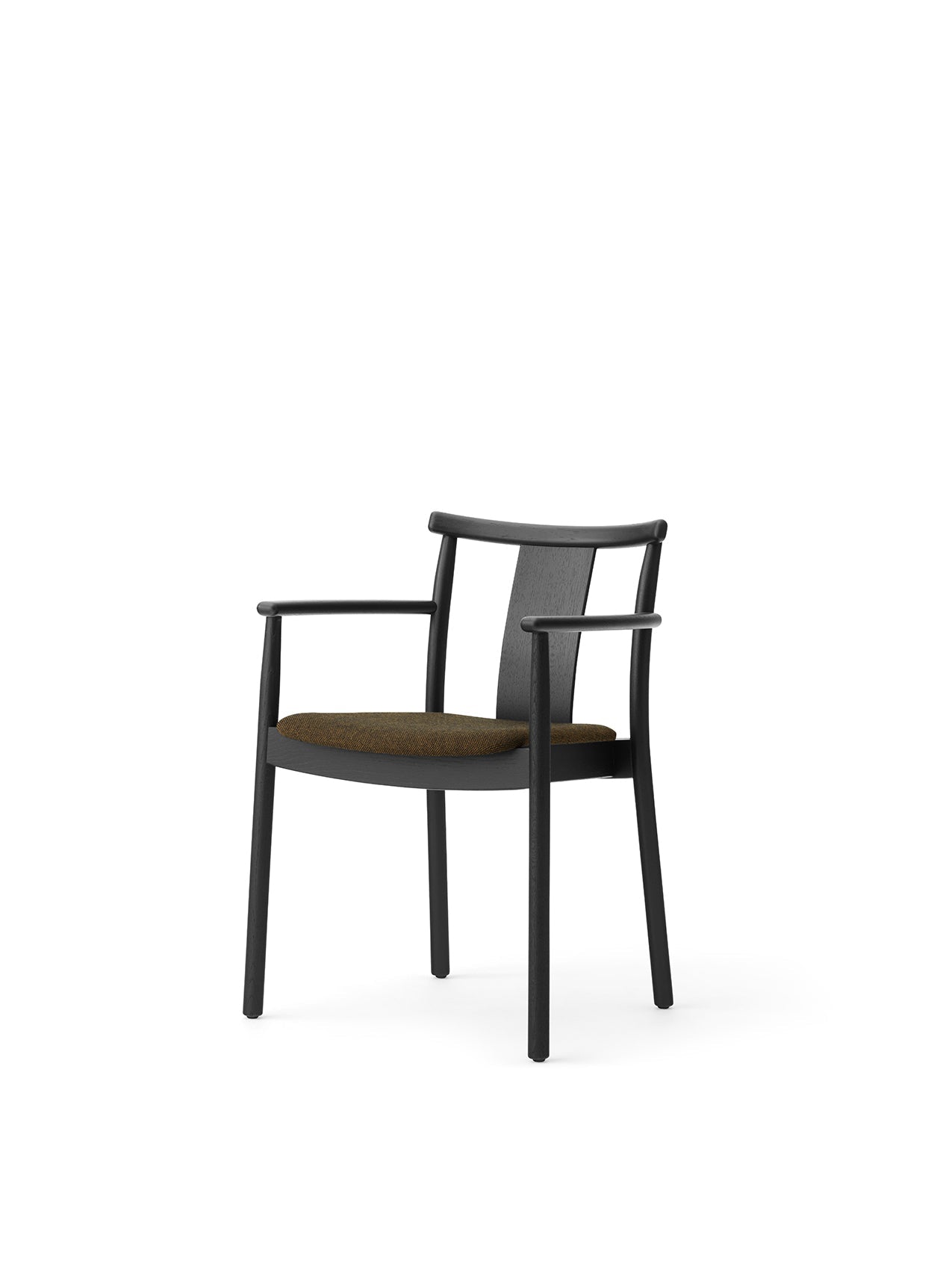 The Merkur Dining Chair with Armrests in black oak, with a brown Hallingdal 370 upholstered seat, shown at an angle.