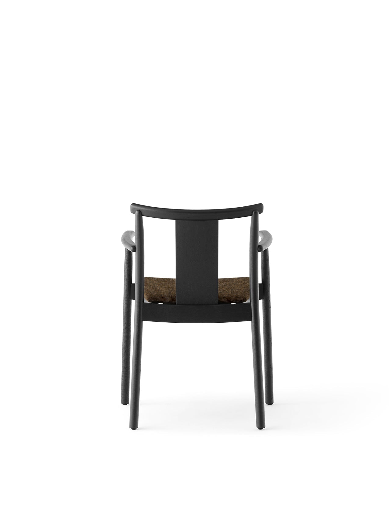 Back view of the Merkur Dining Chair with Armrests in black oak with a textured, brownish Hallingdal 370 upholstered seat.