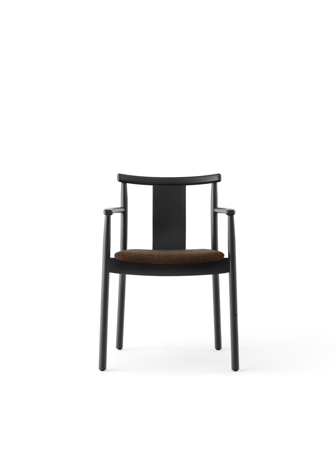 Studio photograph of the Merkur Dining Chair w/Armrests from the front, with a black oak frame and brown fabric seat.