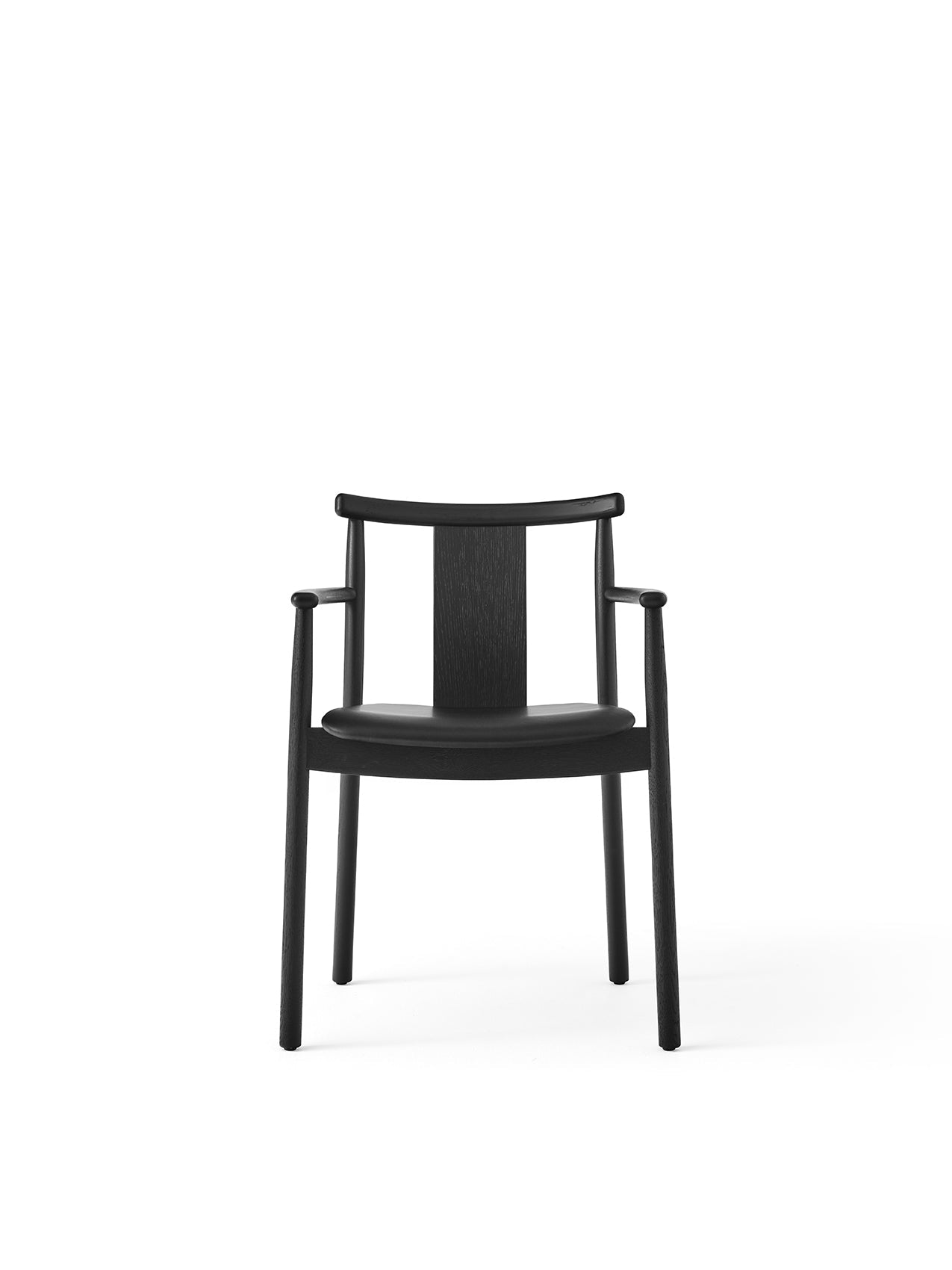 A front-on view of the Merkur Dining Chair with Armrests. The frame is black-stained oak and the seat is black leather.