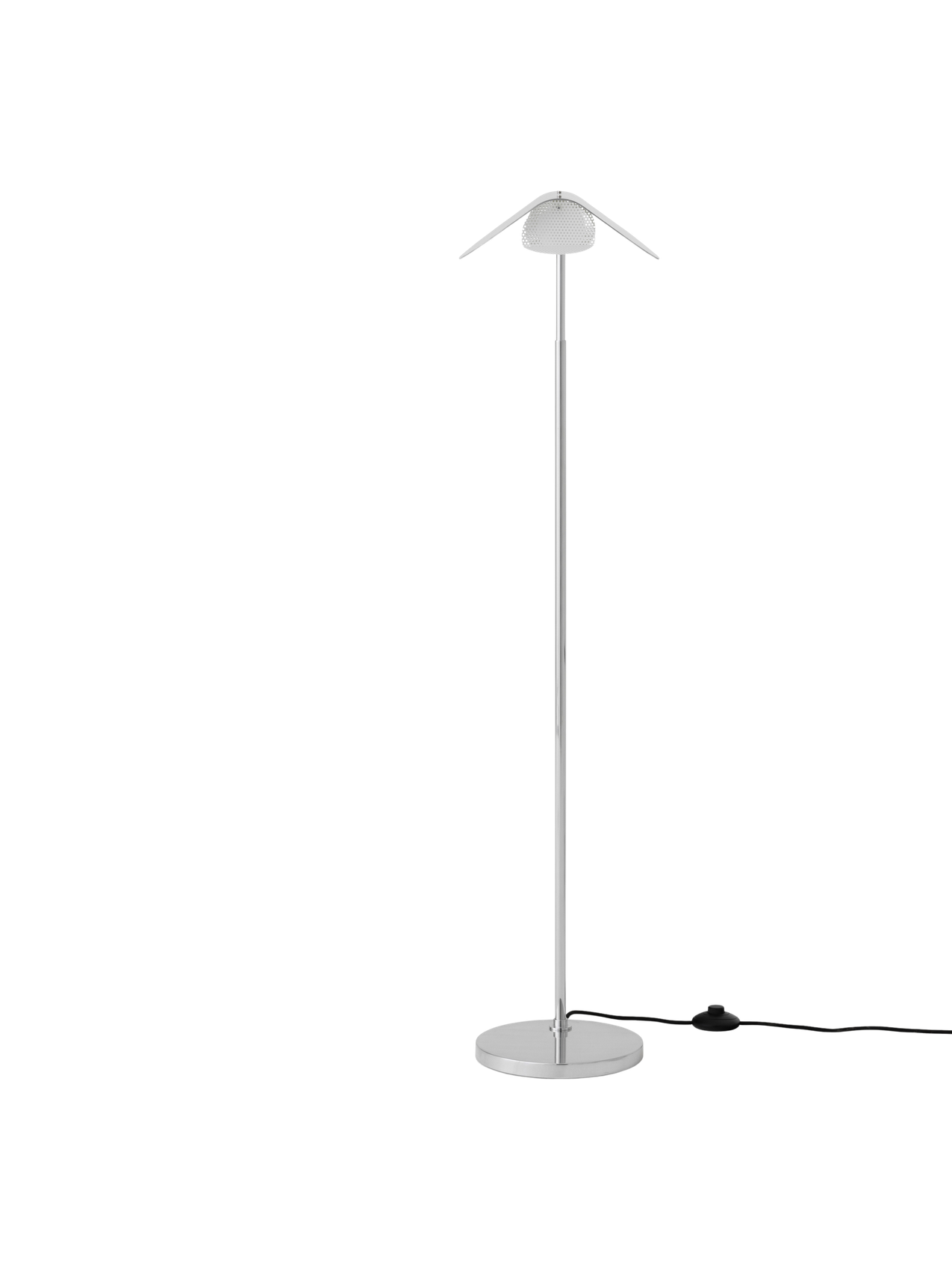 Front view of the Wing Floor Lamp in polished aluminium, with a slim stand, round base, and a wing-shaped shade.