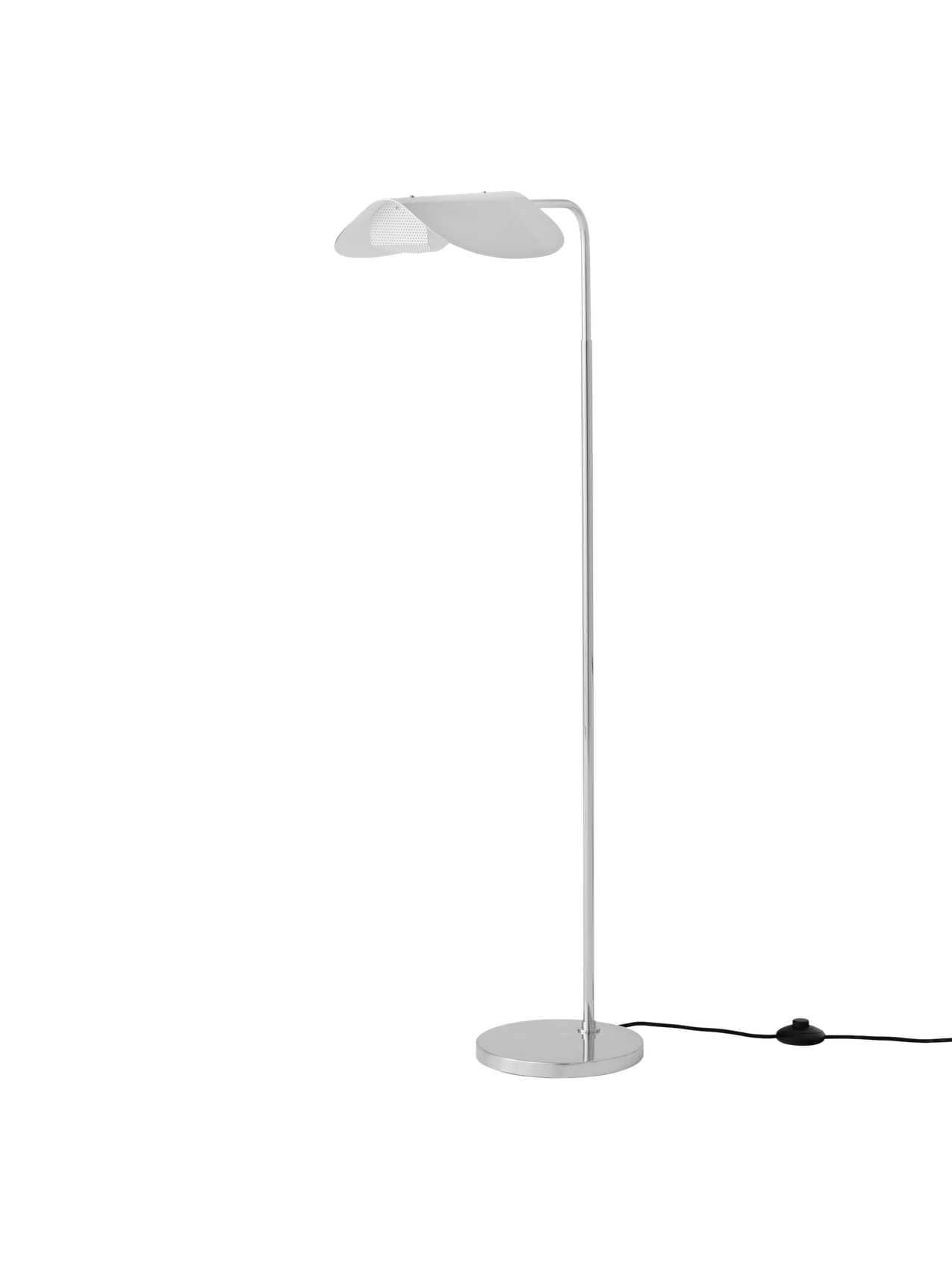 Angled view of the polished aluminium Wing Floor Lamp, off, showing its slim stem, round base, and wing-like shade.