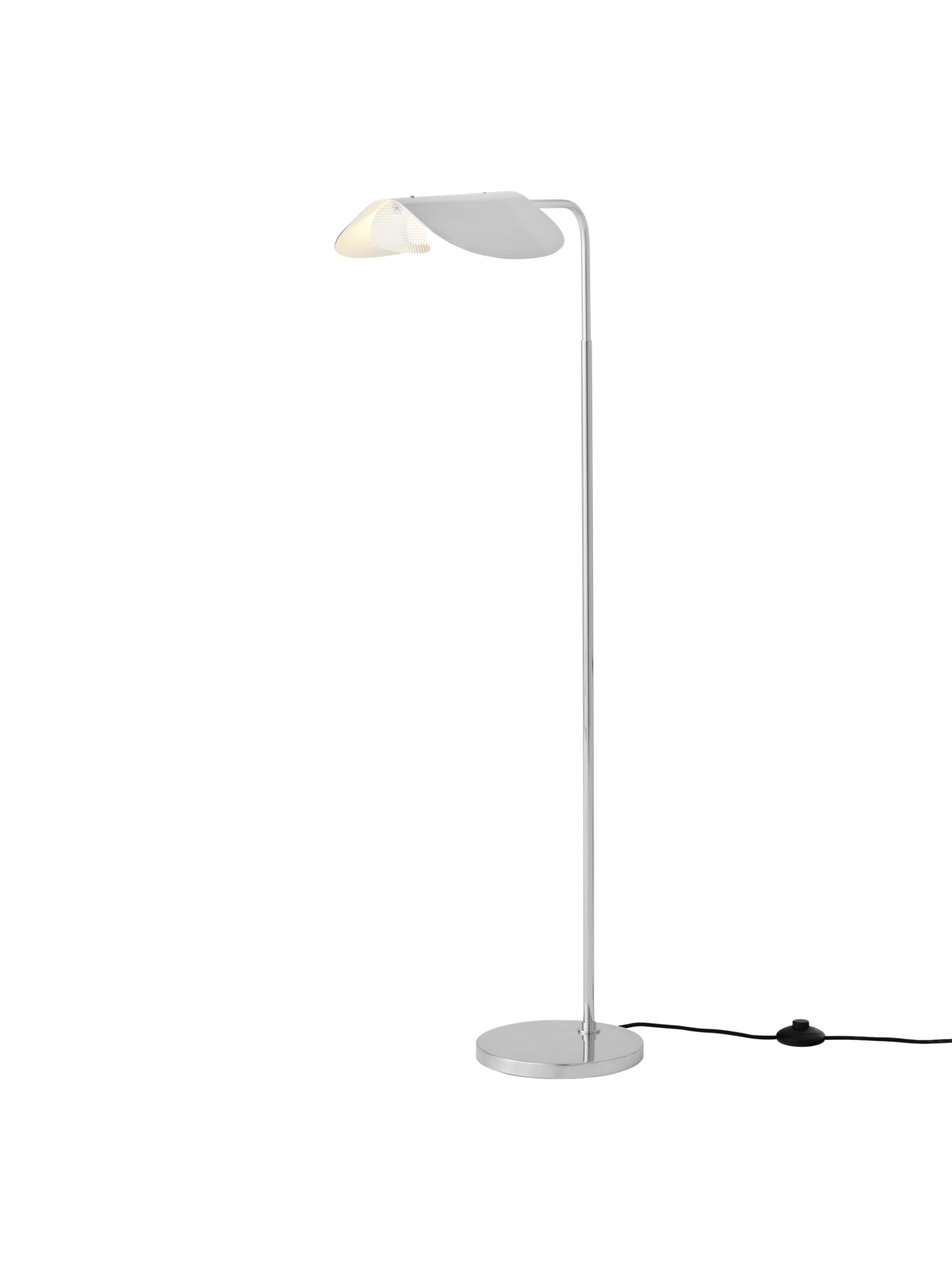 A switched-on Wing Floor Lamp in polished aluminium. It has a slender stem, a round base, and a rotating wing-shaped shade.