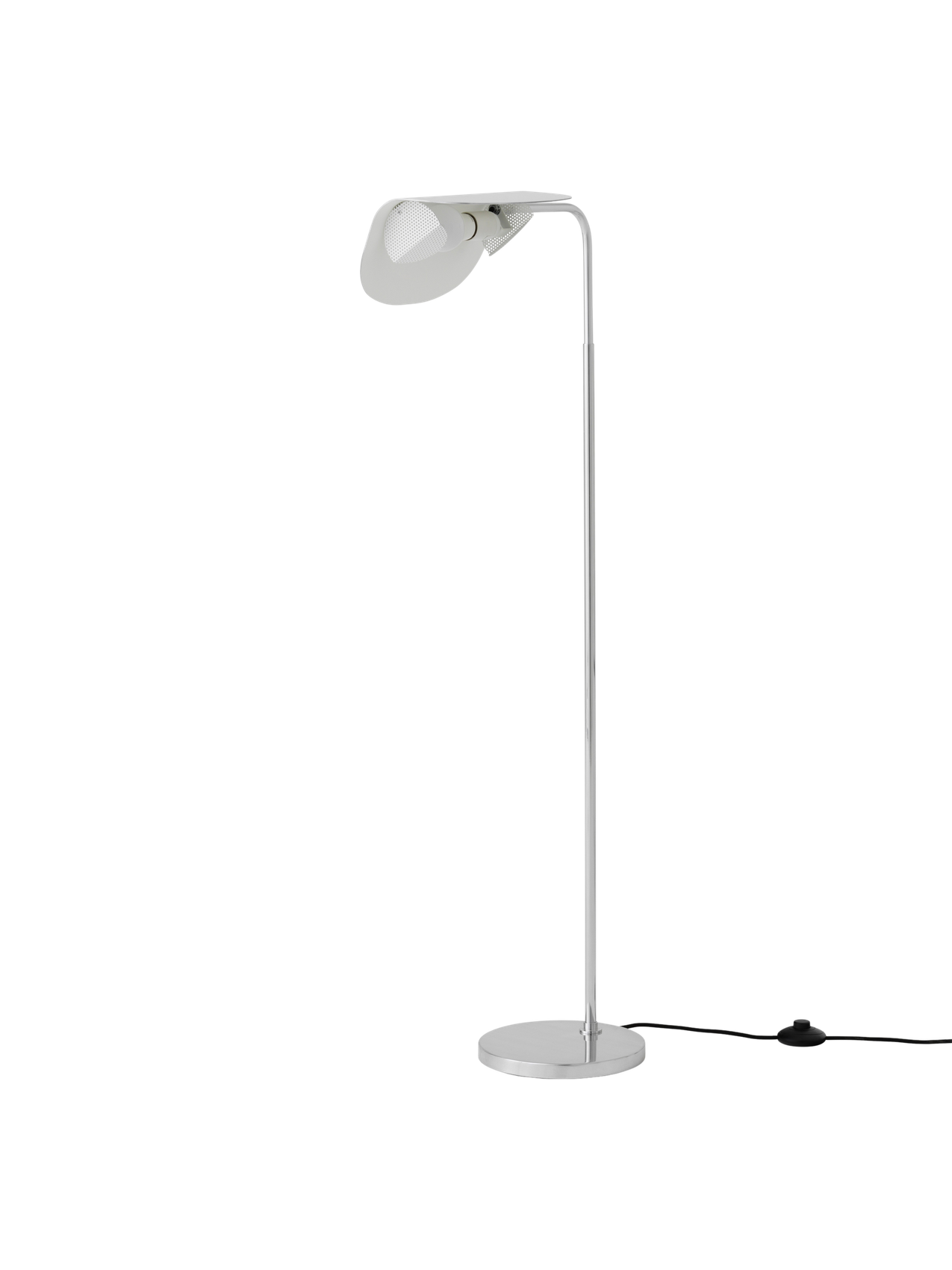Angled view of the polished aluminium Wing Floor Lamp. The tall, minimal lamp features a round base and a wing-shaped shade.