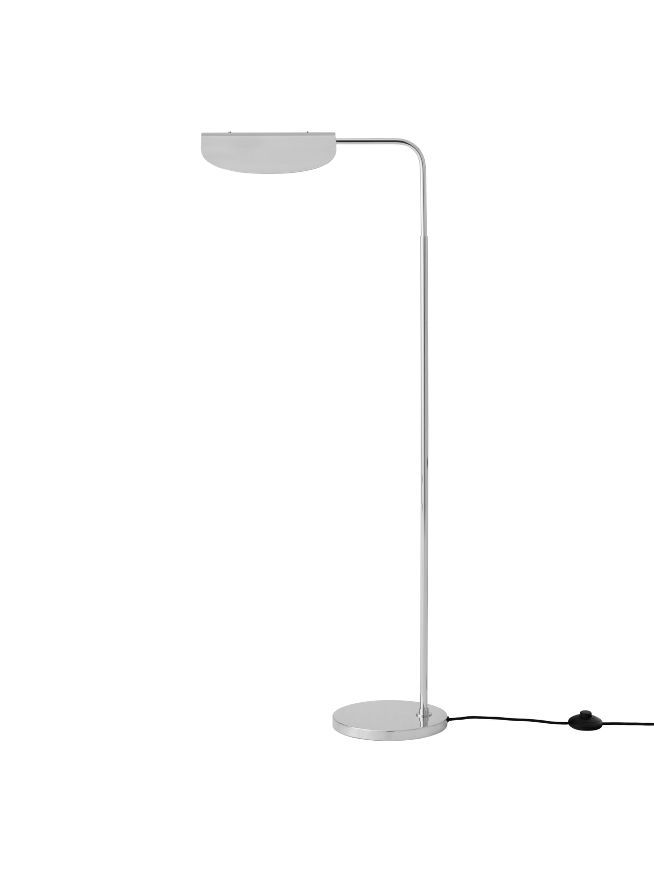 Side profile of the Wing Floor Lamp in polished aluminium. It features a slim stand, round base, and a wing-shaped shade.