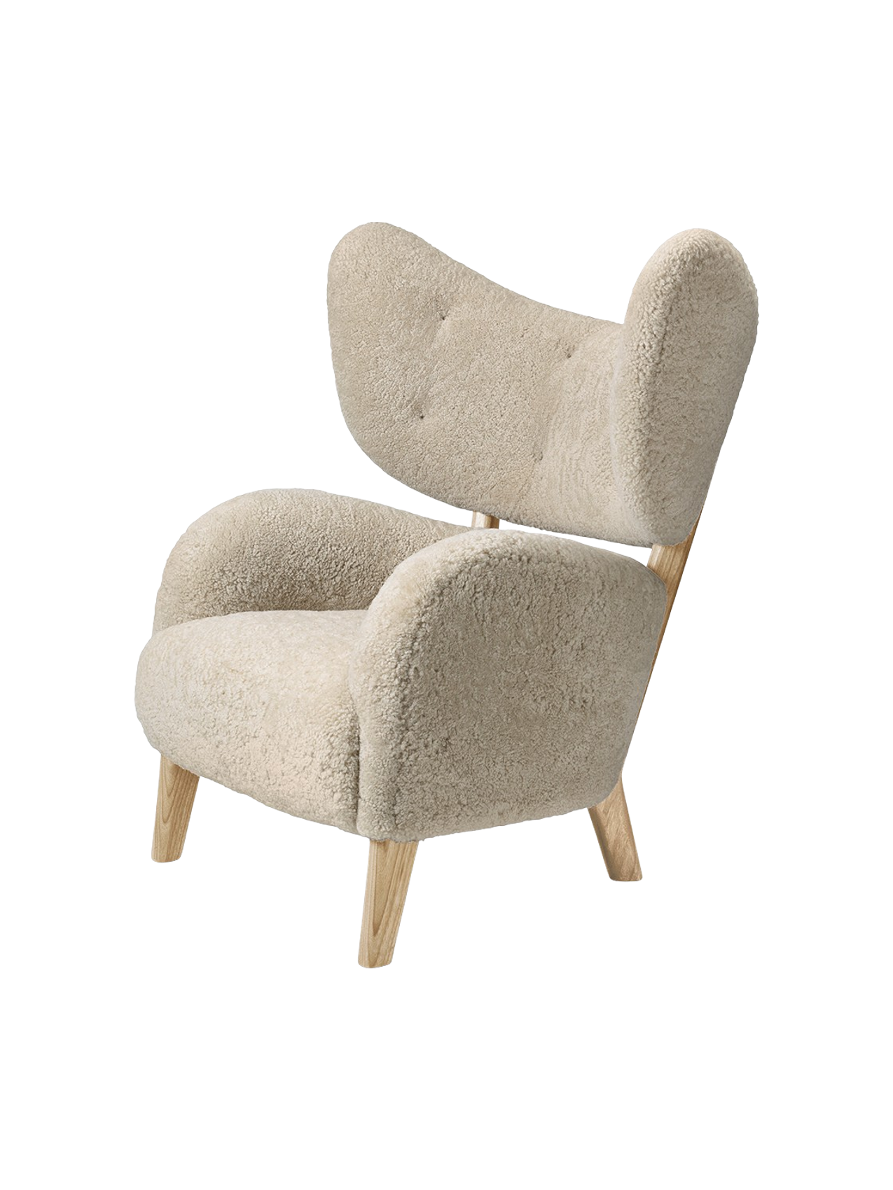 A three-quarter view of the My Own Chair in Moonlight sheepskin, featuring a high winged back and natural oak frame.