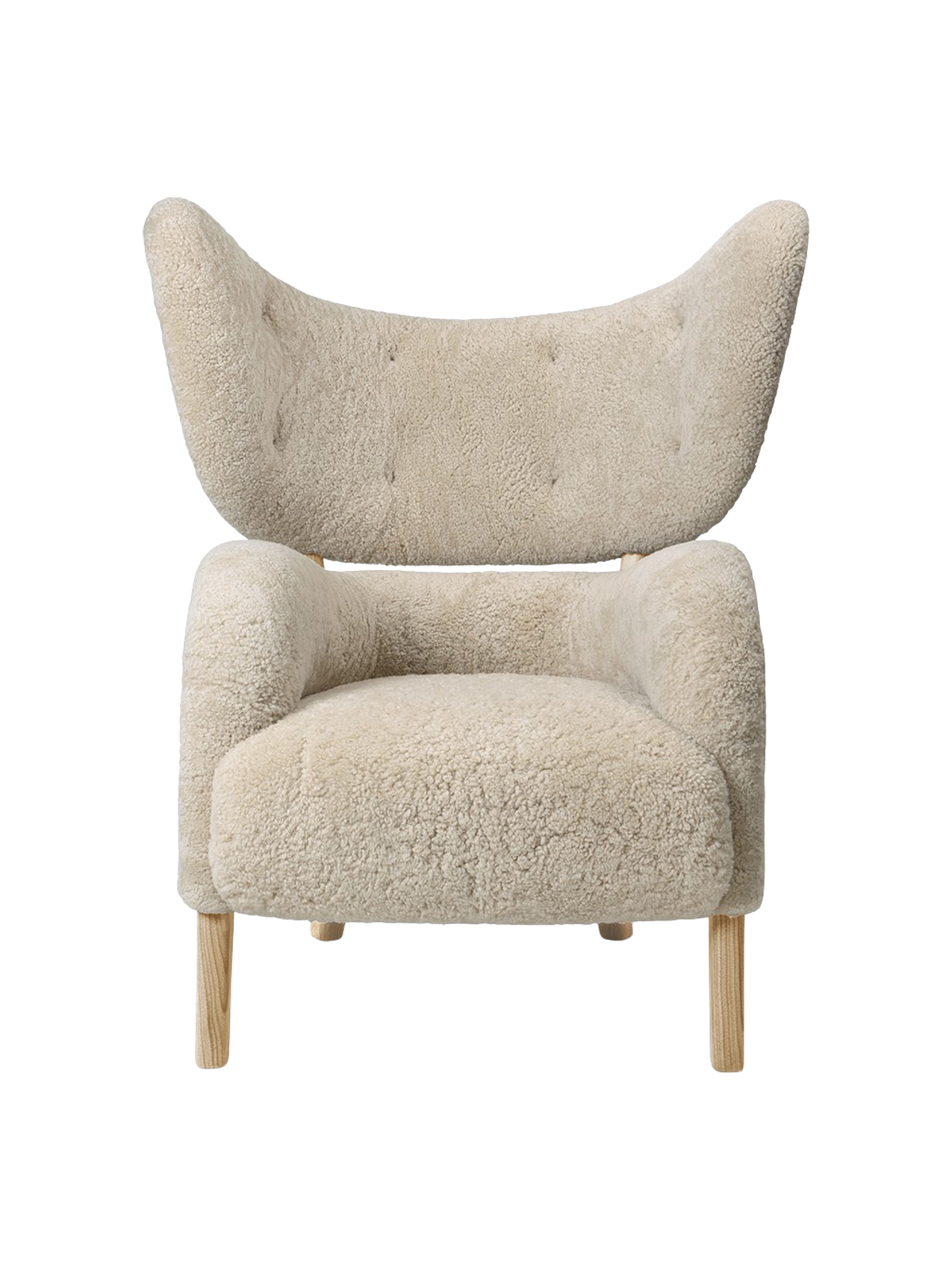 Front view of the My Own Chair with off-white Moonlight sheepskin upholstery, a winged back, and natural oak legs.