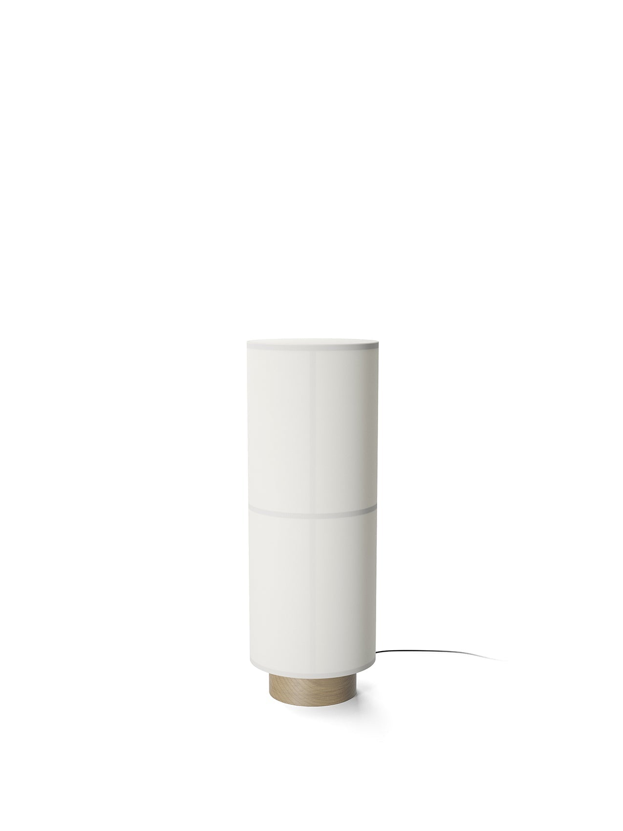 Front view of the white Hashira Floor Lamp: a cylindrical linen shade with visible frame, on a circular, ash wood base.