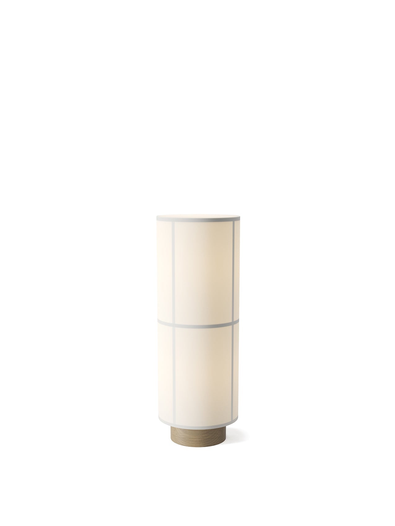 The Hashira Floor Lamp, White, shown front-on against a white background. It has a cylindrical linen shade with a grid.