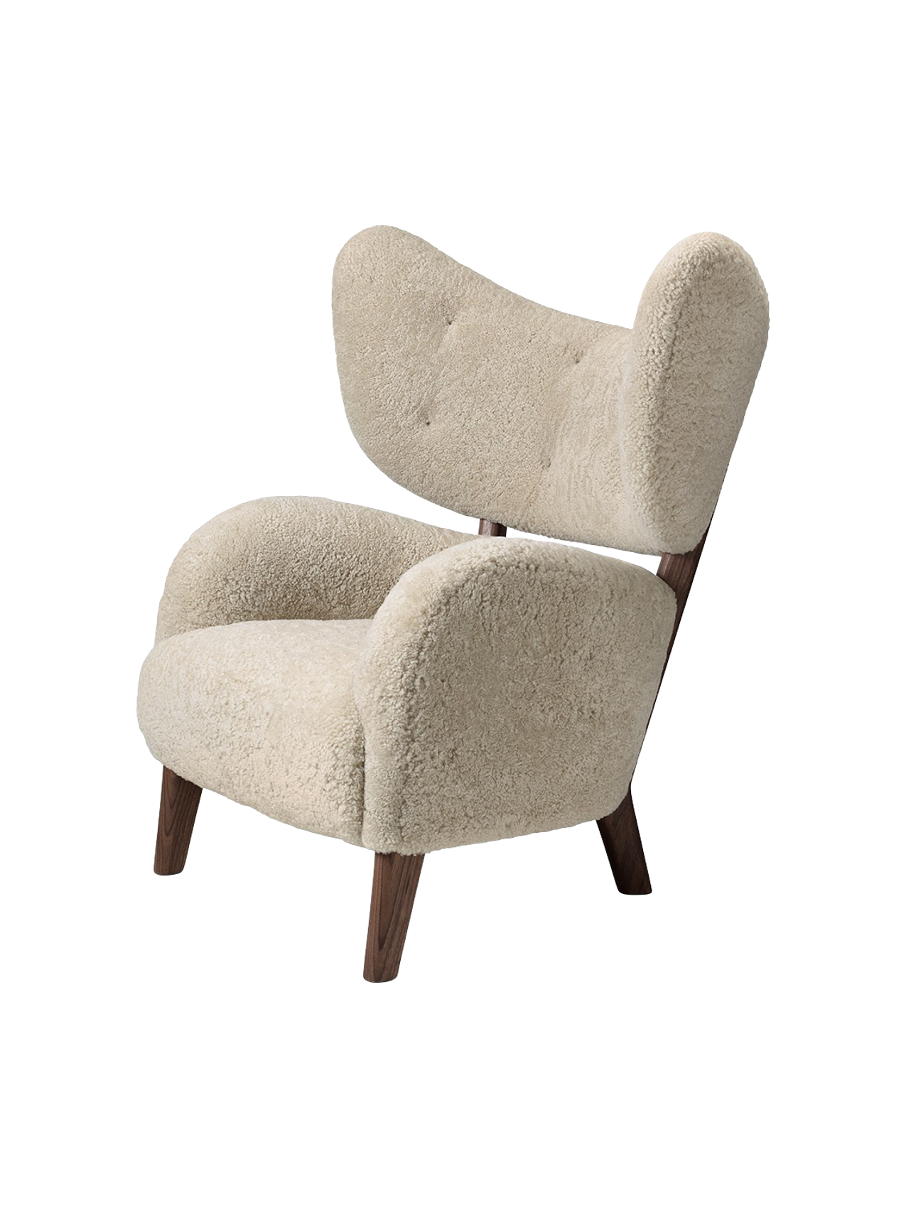 A three-quarter view of the My Own Chair, featuring plush Sheepskin Moonlight upholstery and a contrasting dark wood frame.