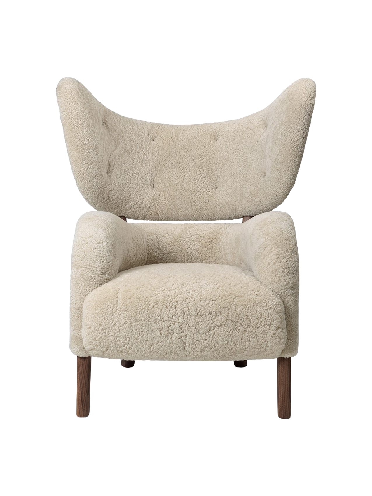 Front view of the My Own Chair upholstered in off-white Sheepskin Moonlight, with a high winged back and dark walnut legs.
