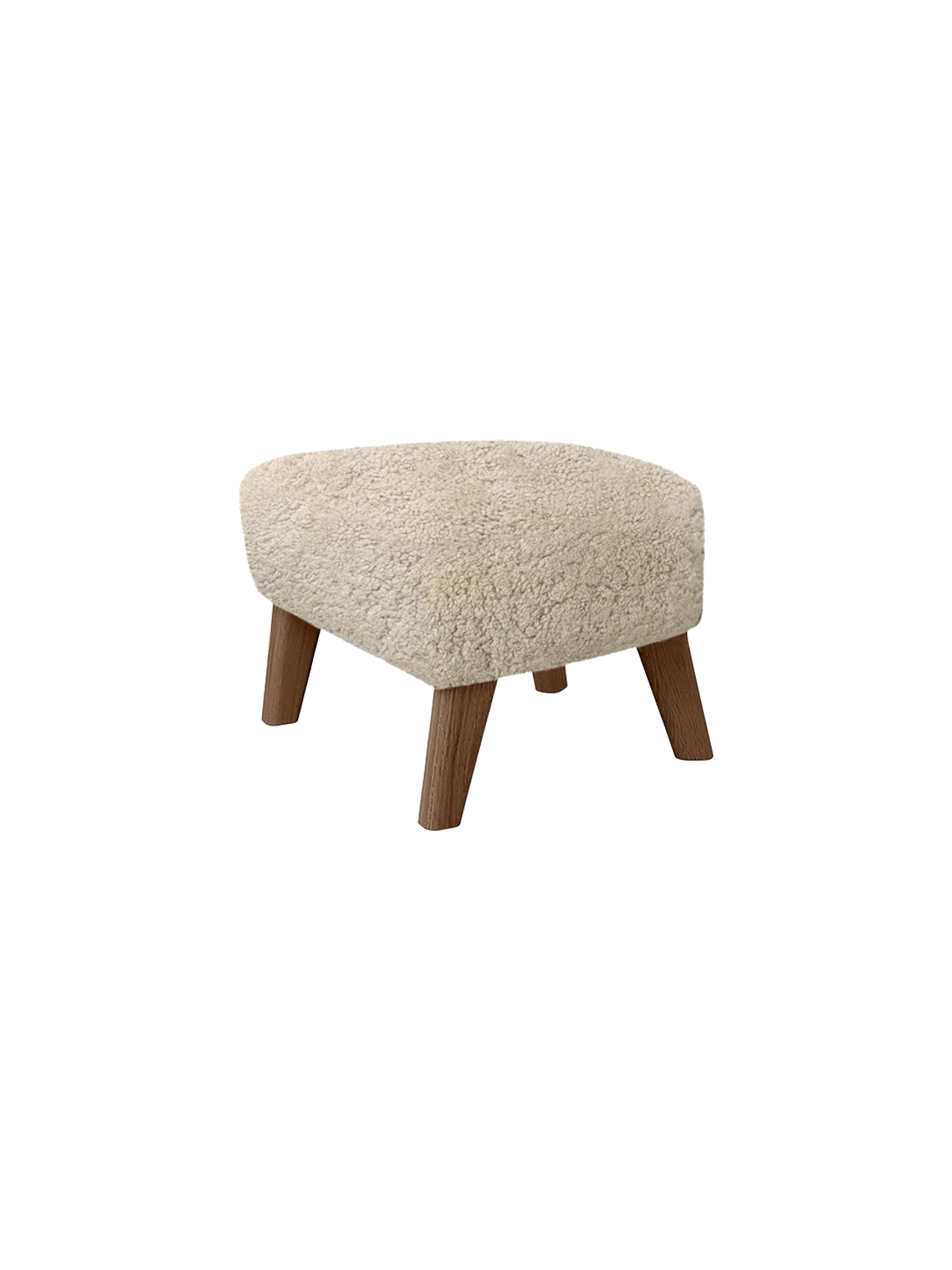 A My Own Chair, Ottoman with a fluffy, off-white Sheepskin Moonlight seat and four angled wooden legs, on a black background.