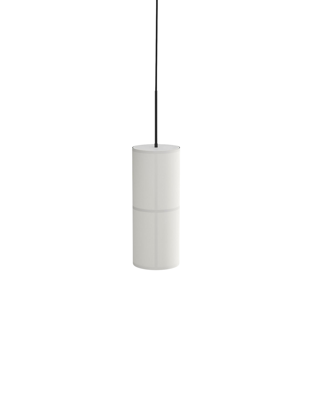 Rear view of the small Hashira Pendant Lamp in white, featuring a cylindrical linen shade hanging from a black cord.
