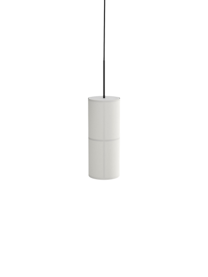 Rear view of the small Hashira Pendant Lamp in white, featuring a cylindrical linen shade hanging from a black cord.