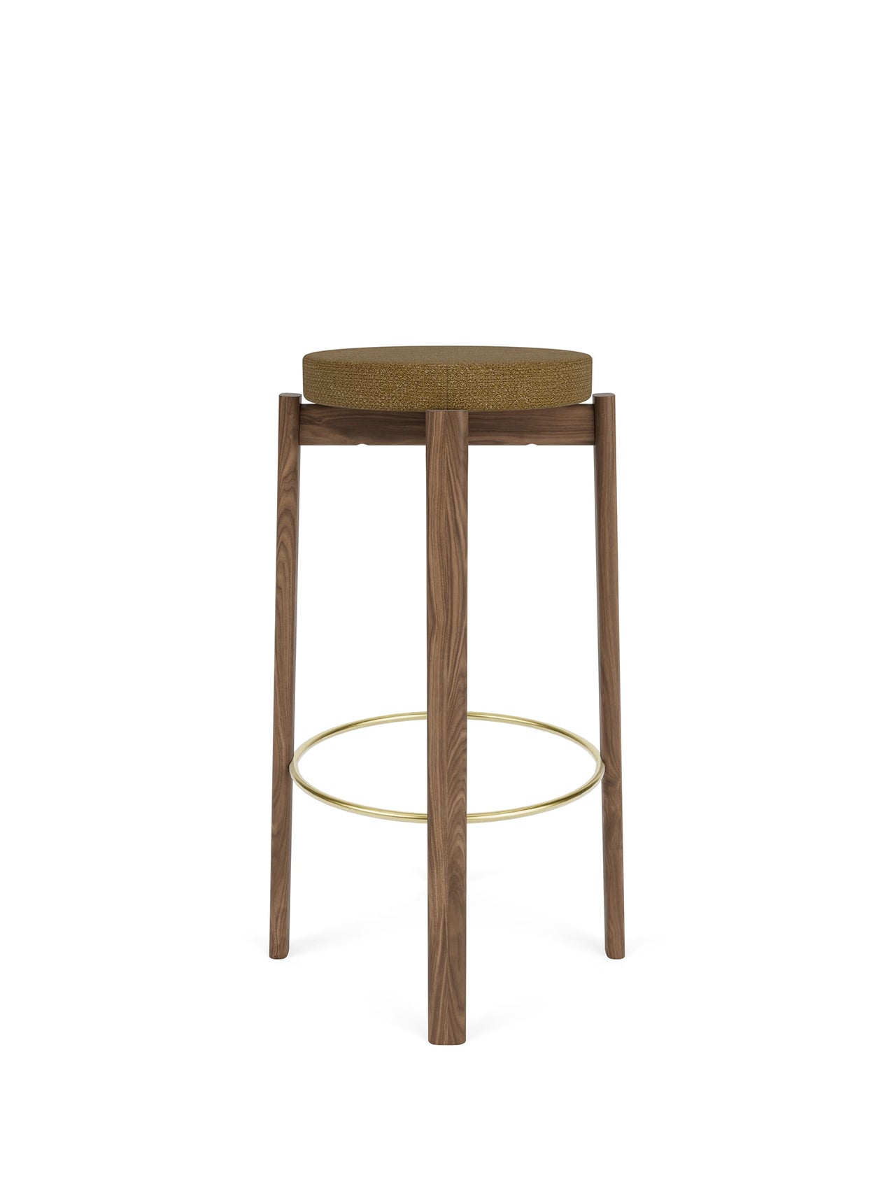 Passage Bar Stool, Upholstered Seat, in a walnut frame with a gold upholstered seat and a circular brushed brass footrest.