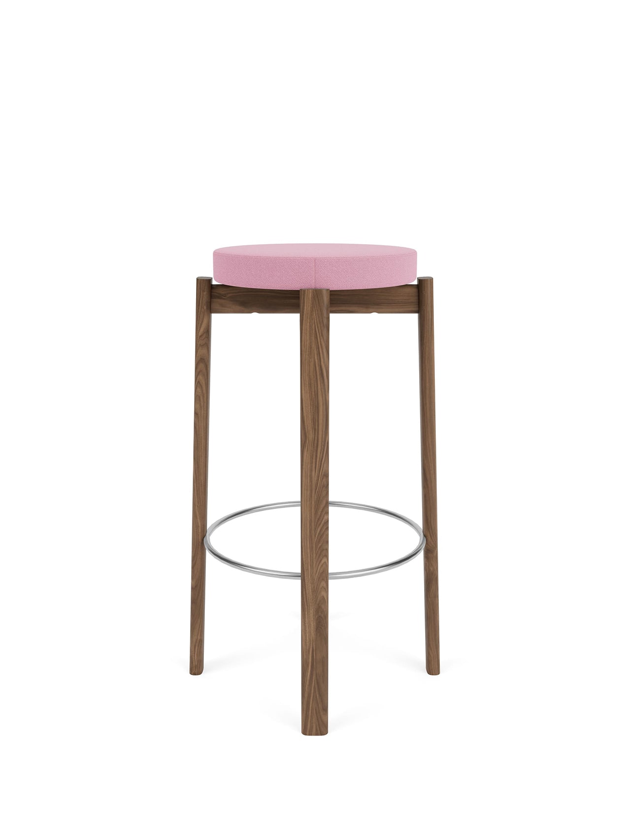 Front view of the Passage Bar Stool with Upholstered Seat in walnut, featuring a round pink seat and a steel foot ring.
