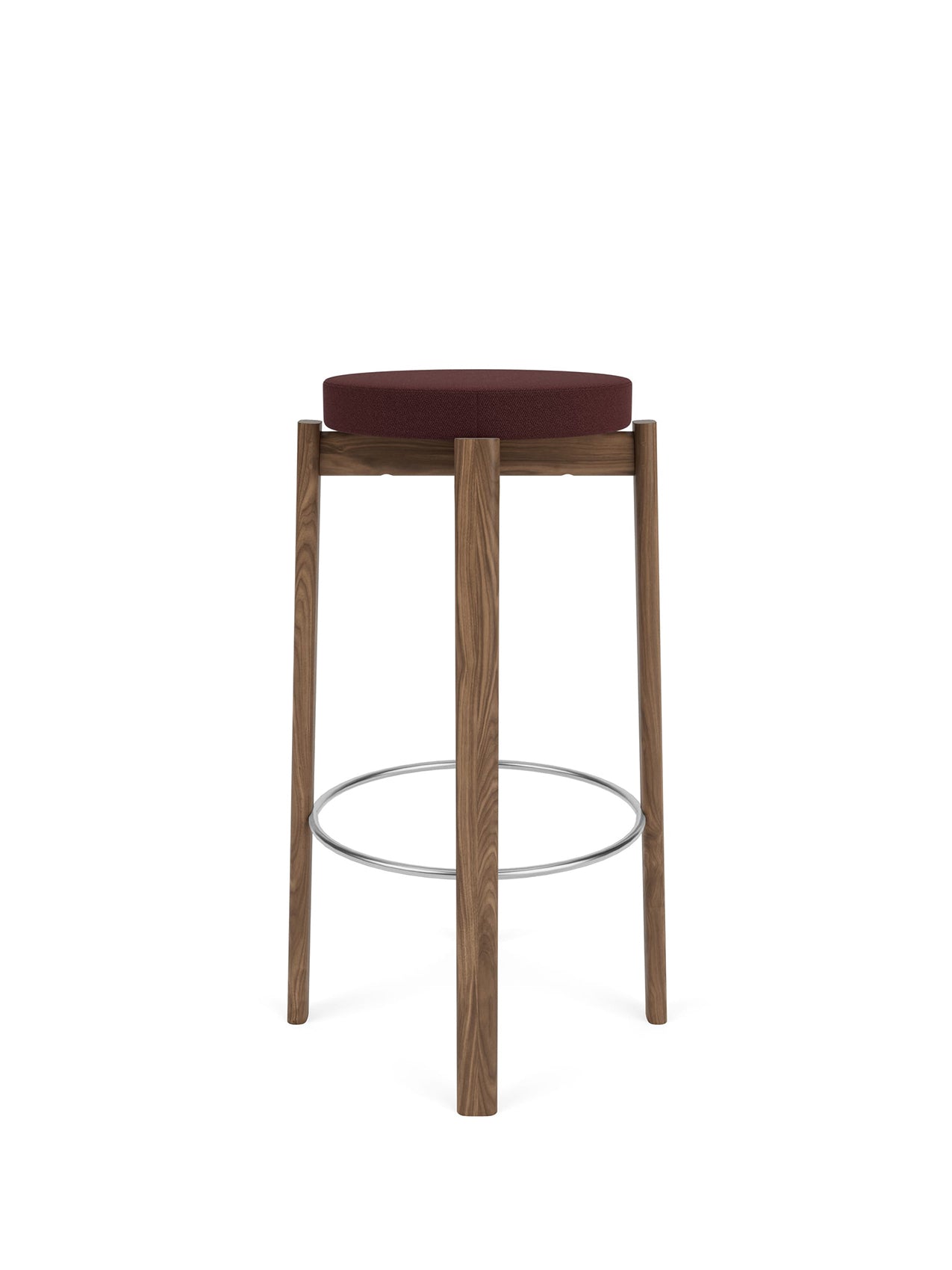 Front view of the Passage Bar Stool with Upholstered Seat, showing its walnut frame, maroon fabric seat, and steel foot ring.
