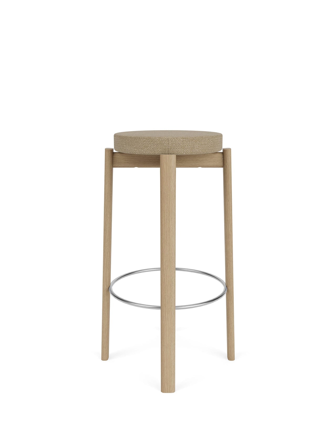The Passage Bar Stool, Upholstered Seat, in natural oak. Front view showing the round beige fabric seat and steel footrest.