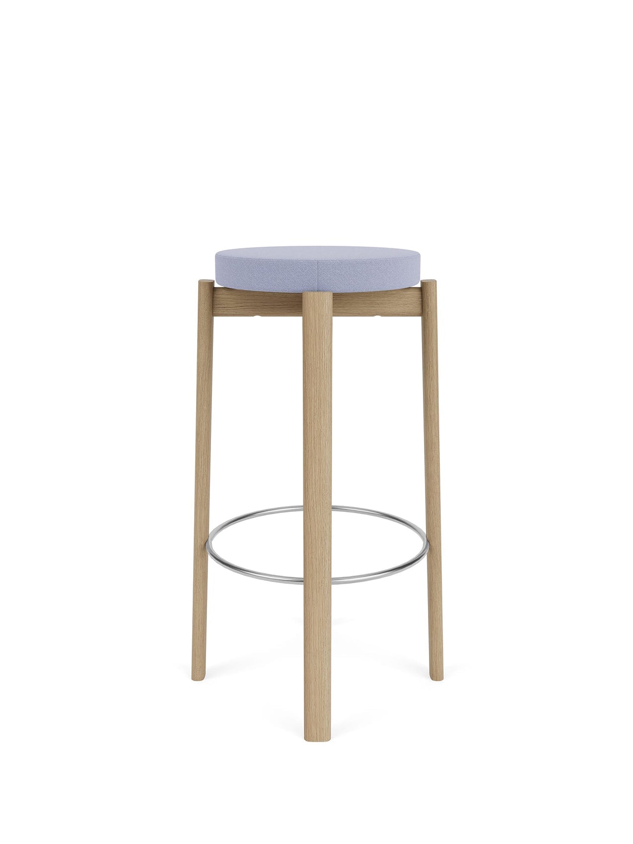 Front view of the Passage Bar Stool with an upholstered light blue seat, natural oak frame, and a circular steel footrest.