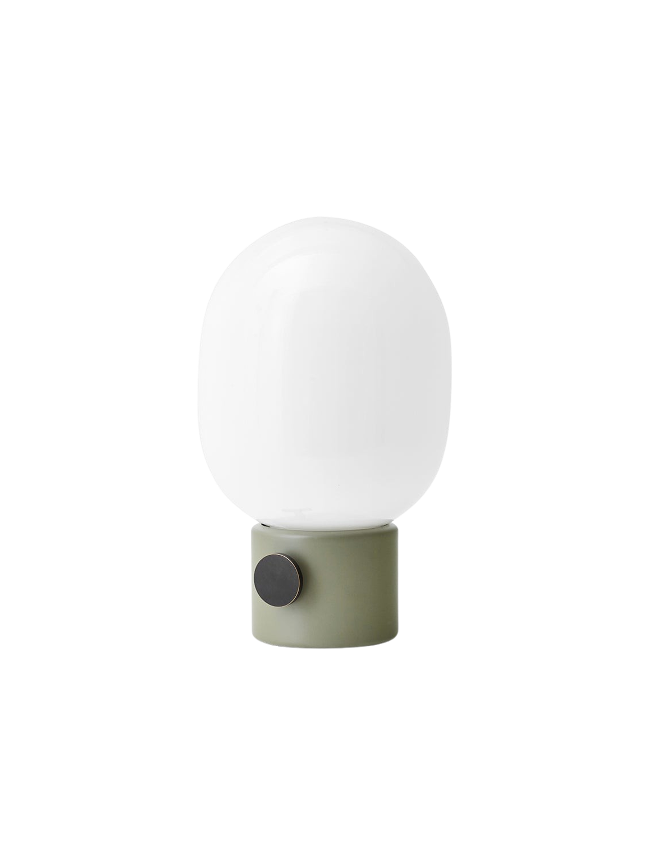 Angled view of the JWDA Table Lamp, Small, featuring an ammonite grey base with a brass dimmer and a white opal glass shade.