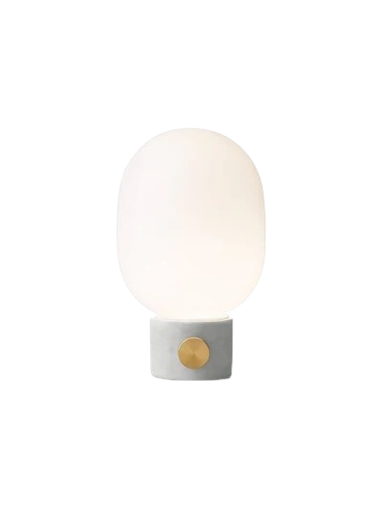 JWDA Table Lamp, Small, with a light grey concrete base, circular brass dimmer, and an illuminated opal glass shade.