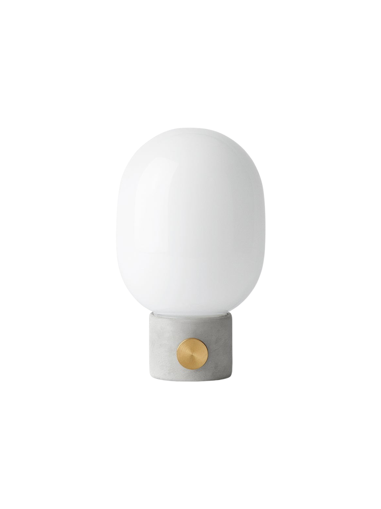 Front view of the JWDA Table Lamp in light grey concrete, with a brass dimmer knob and a rounded white opal glass shade.