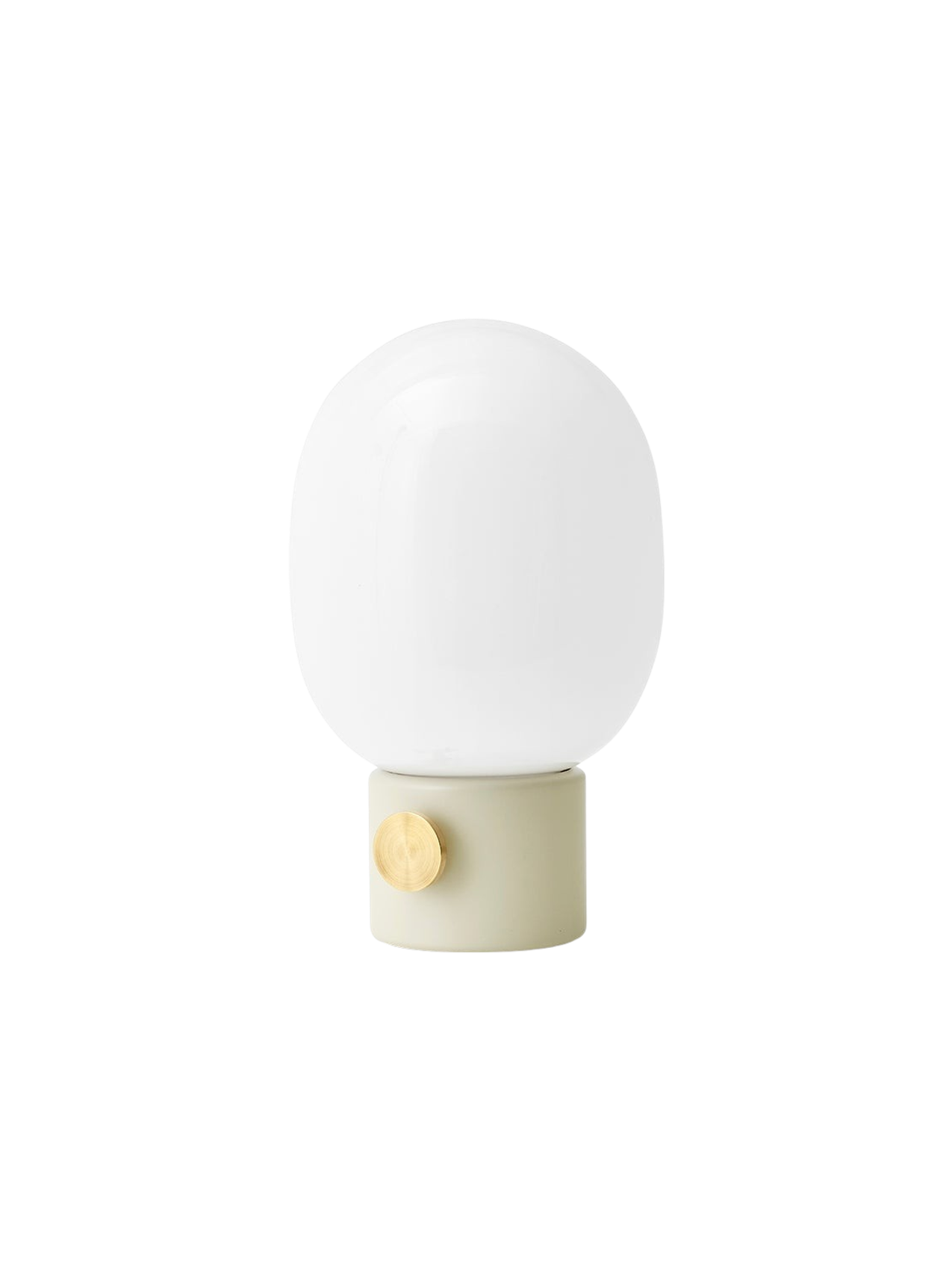 Angled view of the JWDA Table Lamp, Small, in Alabaster White steel with a brass dimmer and a rounded opal glass shade.