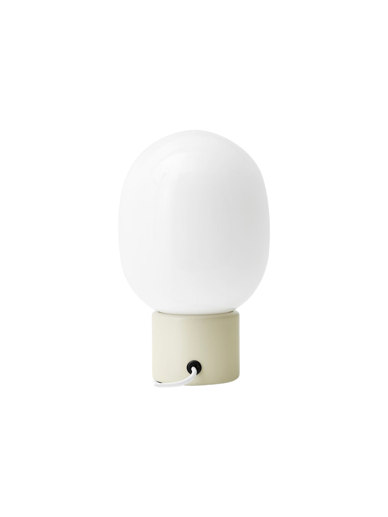 Back view of the JWDA Table Lamp, Small, with an alabaster white steel base and a white opal glass shade.