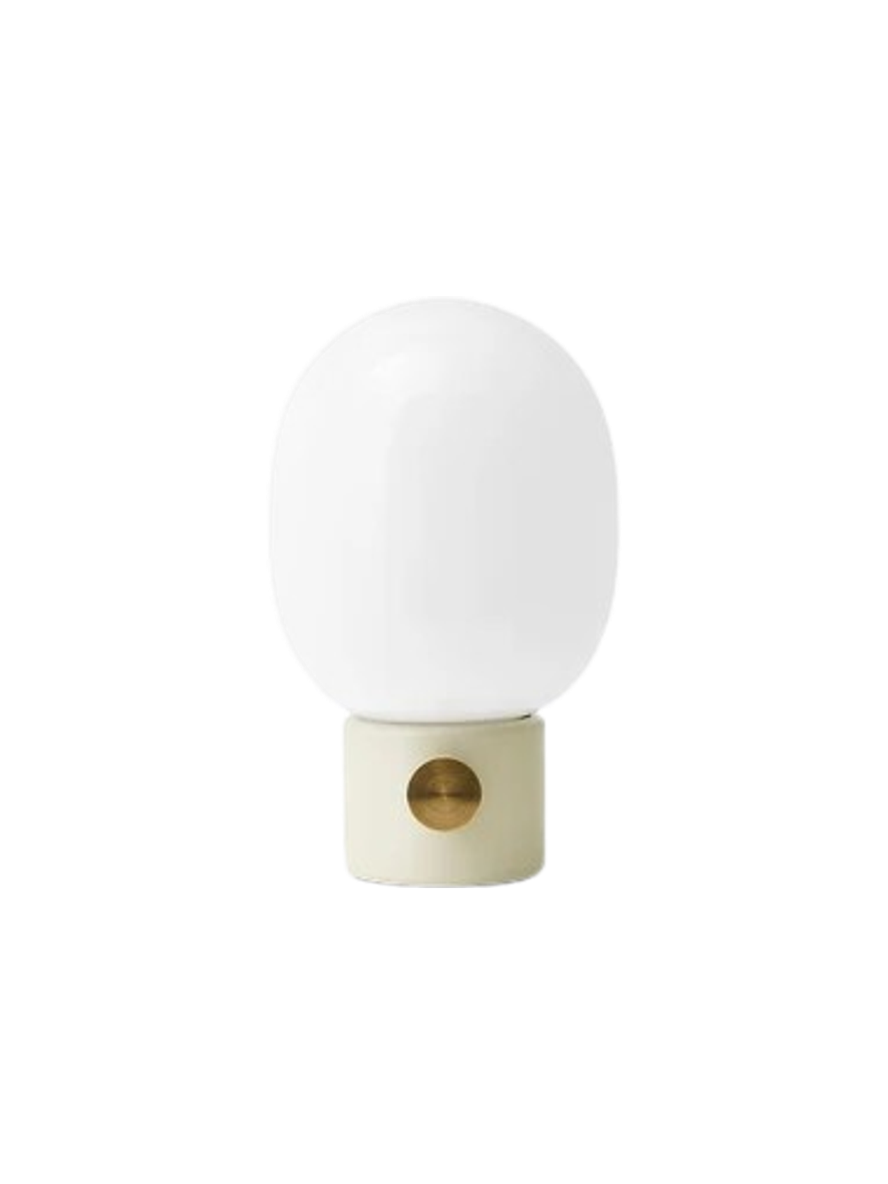 Front view of the JWDA Table Lamp, Small, with an Alabaster White steel base, brass dimmer and white opal glass shade.