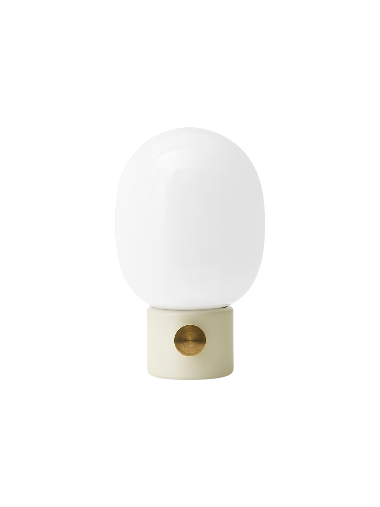 Front view of the JWDA Table Lamp with an alabaster white steel base, a round brass dimmer, and a white opal glass shade.