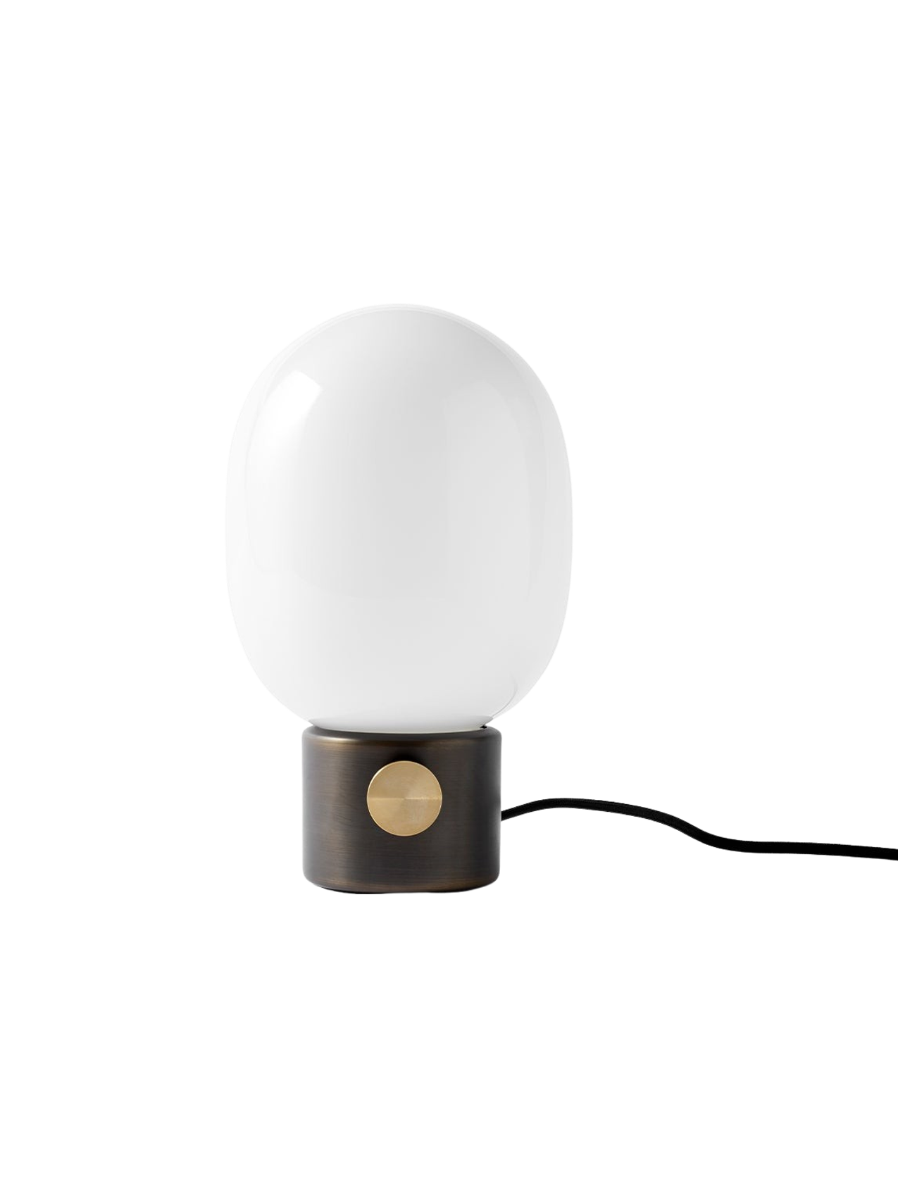 A front view of the JWDA Table Lamp, Small, with a bronzed brass base, a brass dimmer, and a large white opal glass shade.